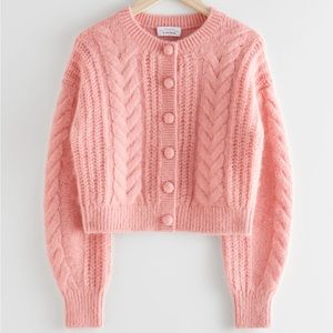 & other stories cropped cable knit cardigan pink small